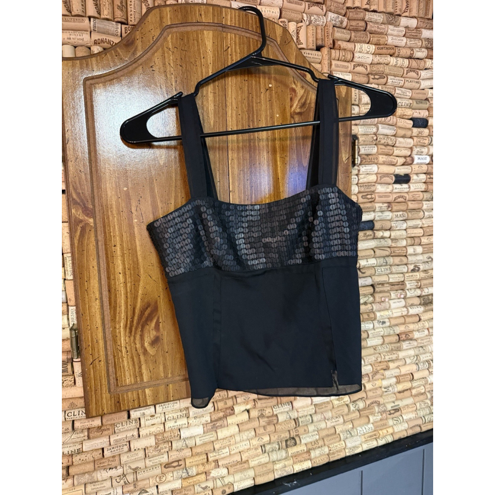 Magaschoni Blk Sequined Silk Blend Bustier Crop Tank Top With Zip Closure Sz 0